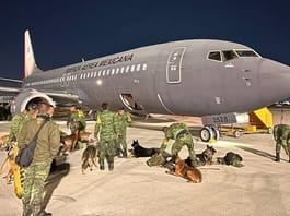 Mexican military planes with search and rescue dogs