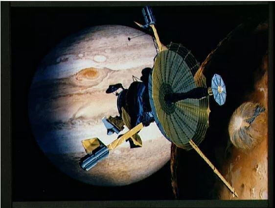 Galileo spacecraft in front of Jupiter