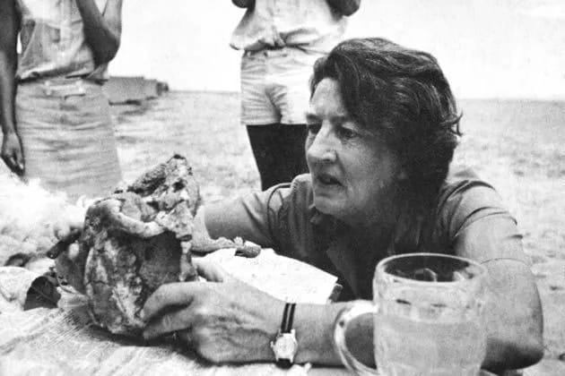 Photo of Mary Leaky with the partial skull she discovered