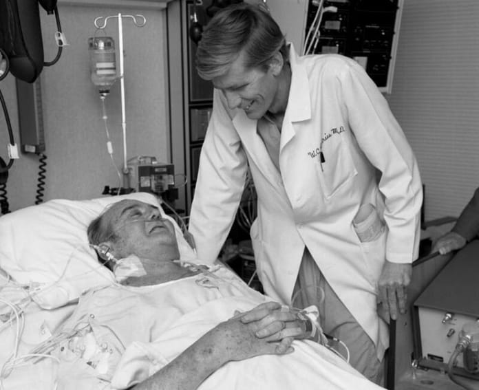 The first first artificial heart recipient Barney Clark with doctor William DeVries