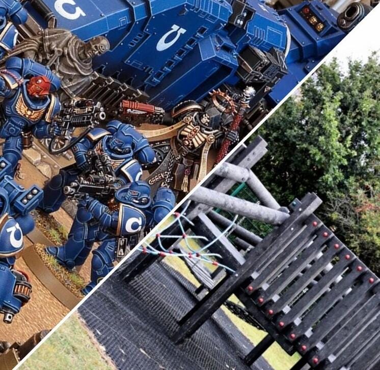Warhammer minitures and a playground created using Terracycles recycled plastic from tooth brushes