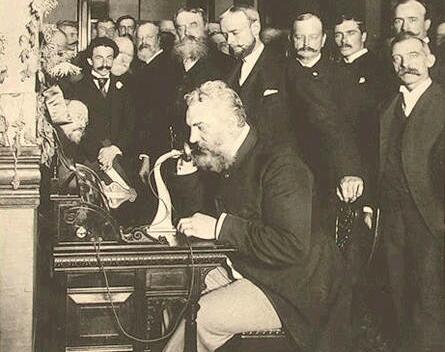 Alexander Graham Bell on the first telephone in New York.