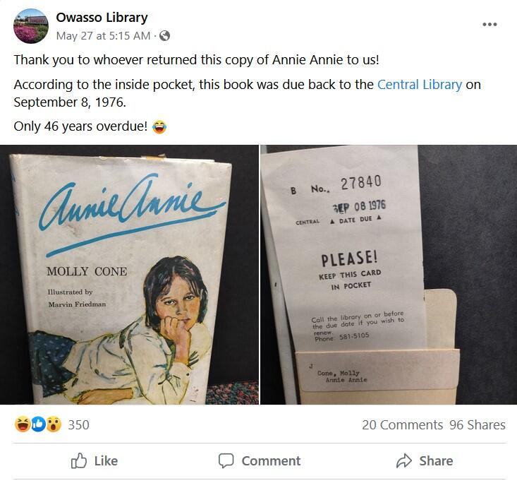 Book returned to library 46 years late- Library posts a thank you on Facebook