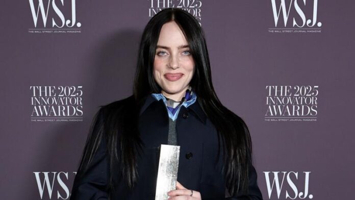 Billie Eilish at the WSJ. Magazine 2025 Innovator Awards Calling on billionaires to give away their money. (Photo by Jamie McCarthy for WSJ. Magazine Innovators Awards)